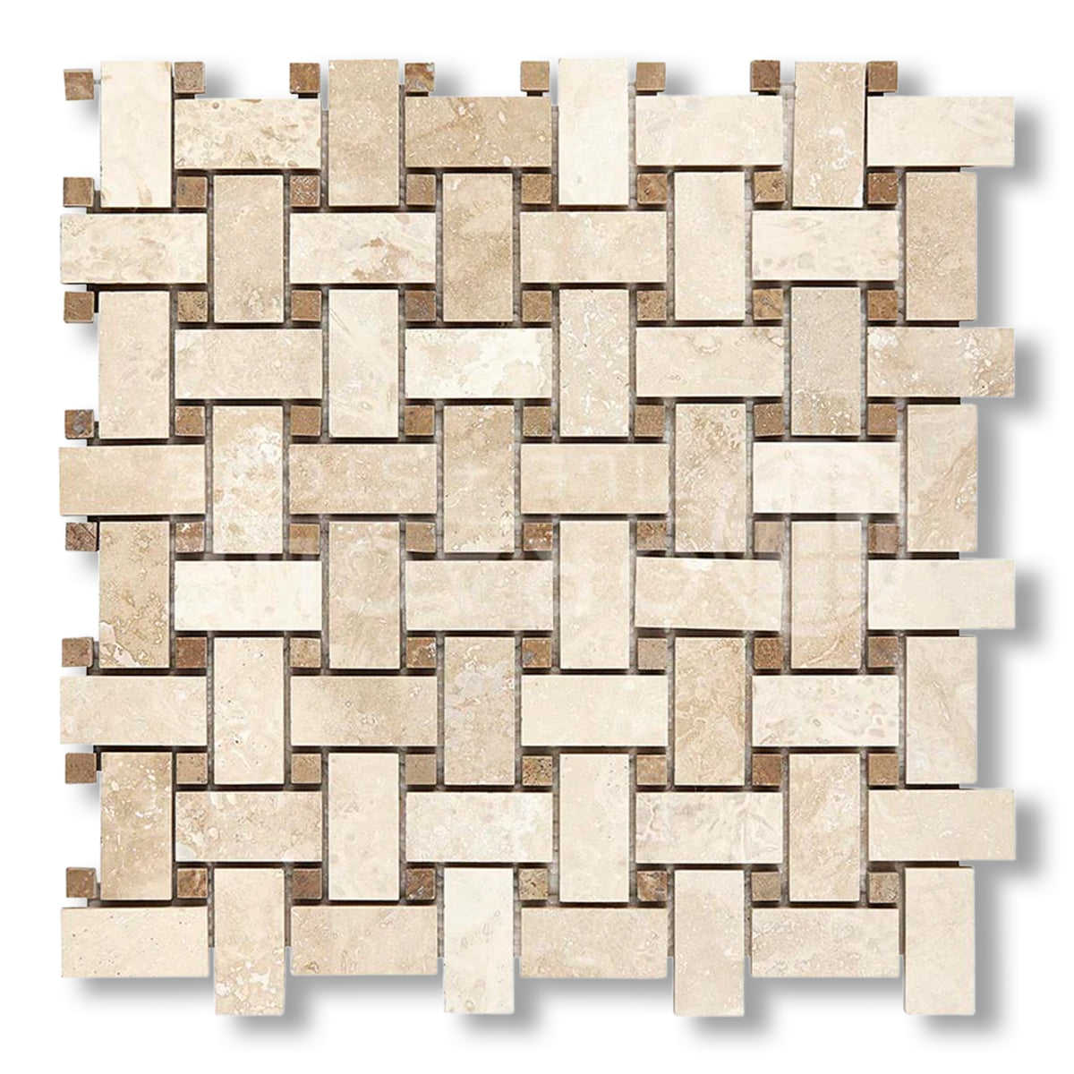 Ivory Travertine Filled & Honed Basketweave Mosaic Tile w/ Noce Dots - American Tile Depot
