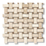 Ivory Travertine Filled & Honed Basketweave Mosaic Tile w/ Noce Dots - American Tile Depot