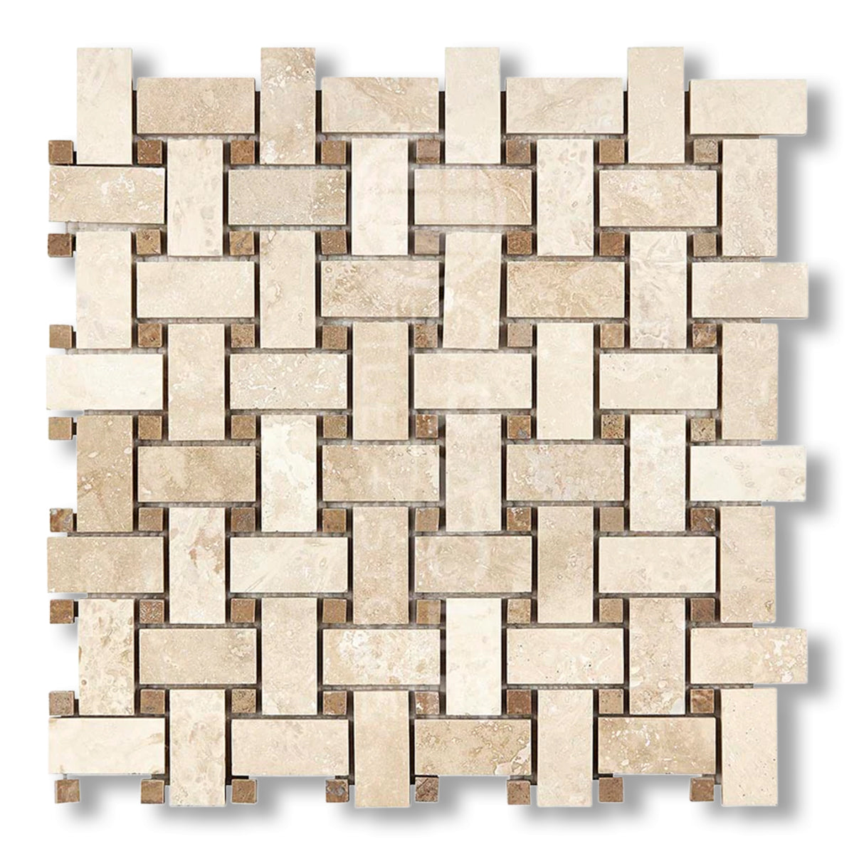 Ivory Travertine Filled & Honed Basketweave Mosaic Tile w/ Noce Dots - American Tile Depot