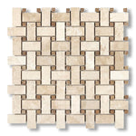 Ivory Travertine Filled & Honed Basketweave Mosaic Tile w/ Noce Dots - American Tile Depot