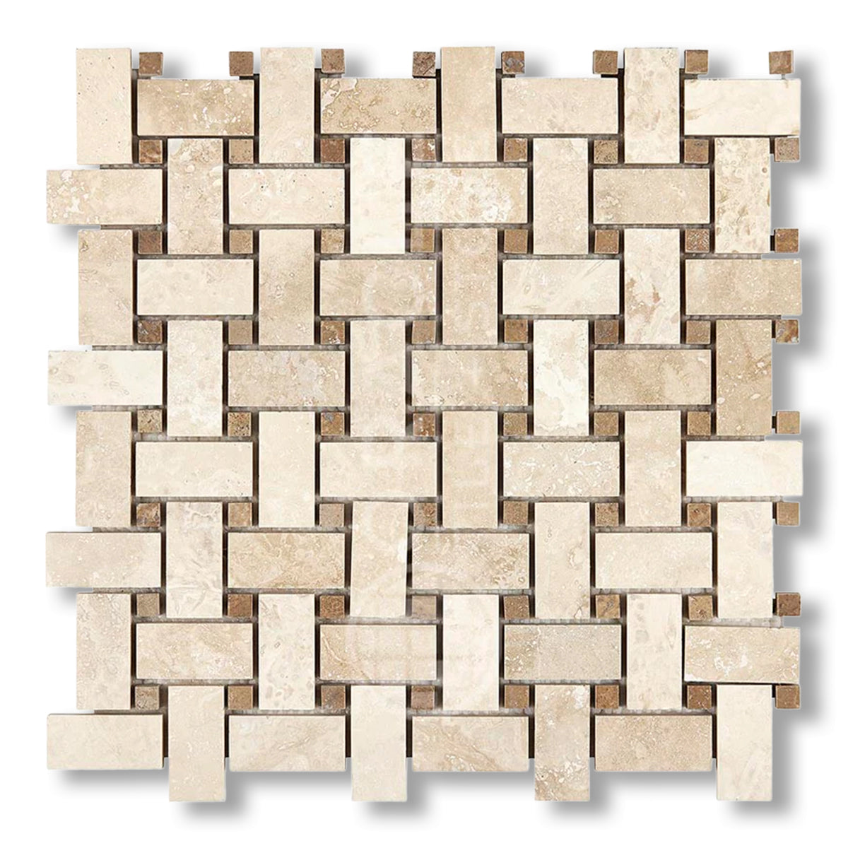 Ivory Travertine Filled & Honed Basketweave Mosaic Tile w/ Noce Dots - American Tile Depot