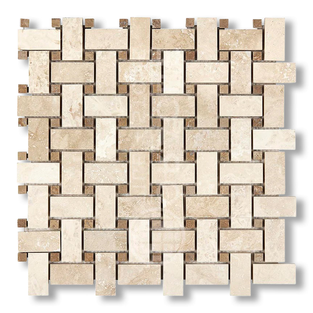 Ivory Travertine Filled & Honed Basketweave Mosaic Tile w/ Noce Dots - American Tile Depot