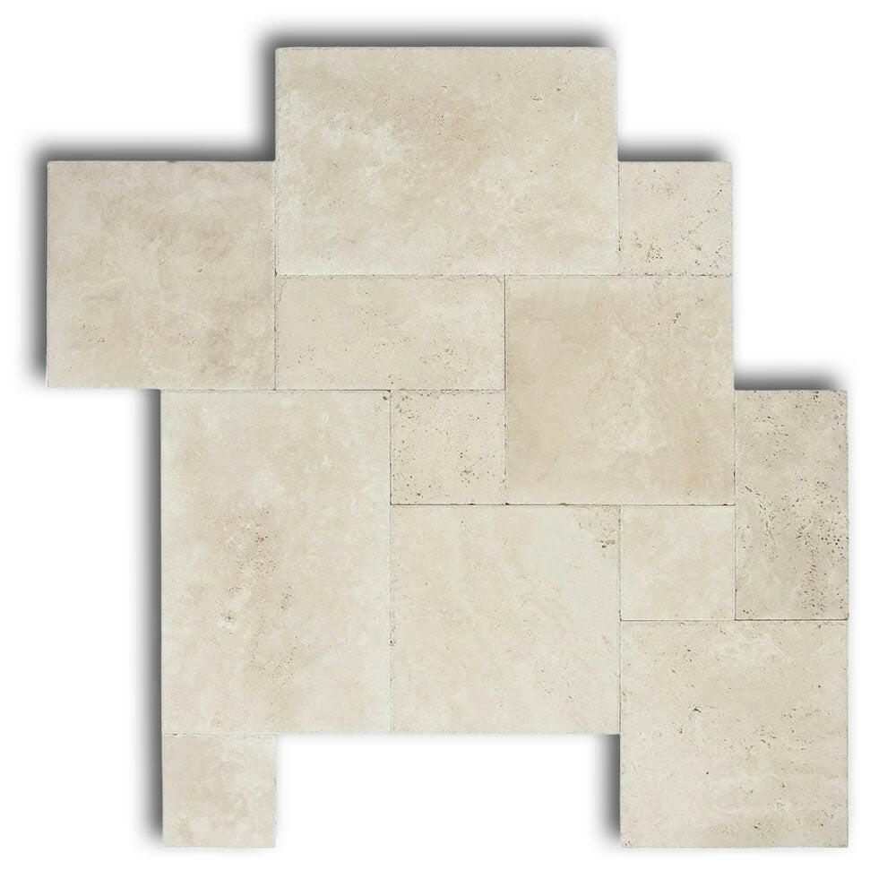 Ivory Travertine Unfilled, Brushed & Chiseled French Pattern Tile Ivory Travertine Unfilled, Brushed & Chiseled French Pattern Tile - American Tile Depot
