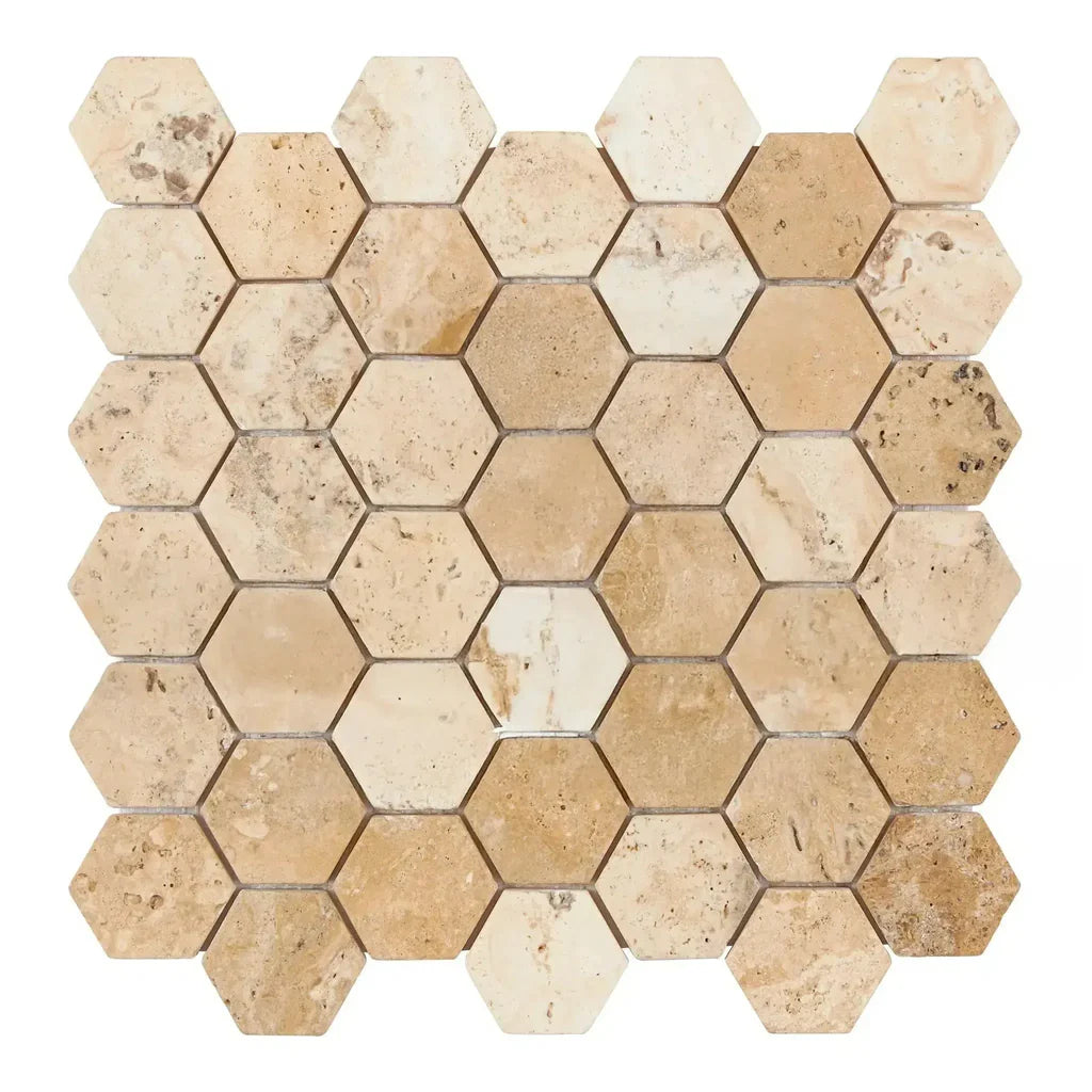 Latravonya Travertine Filled & Honed 2" Hexagon Mosaic Tile Latravonya Travertine Filled & Honed 2" Hexagon Mosaic Tile - American Tile Depot