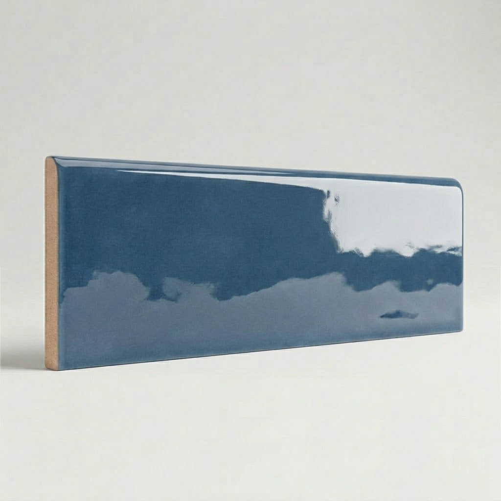 3x10 Faience Blue Steel Glossy Ceramic Bullnose Tile 3x10 Faience Blue Steel Glossy Ceramic Bullnose Tile - American Tile Depot