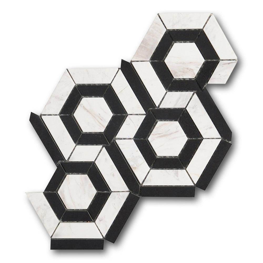 Mineralis Black White Polished Hexagon Stone & Glass Mosaic Tile Mineralis Black White Polished Hexagon Stone & Glass Mosaic Tile - American Tile Depot
