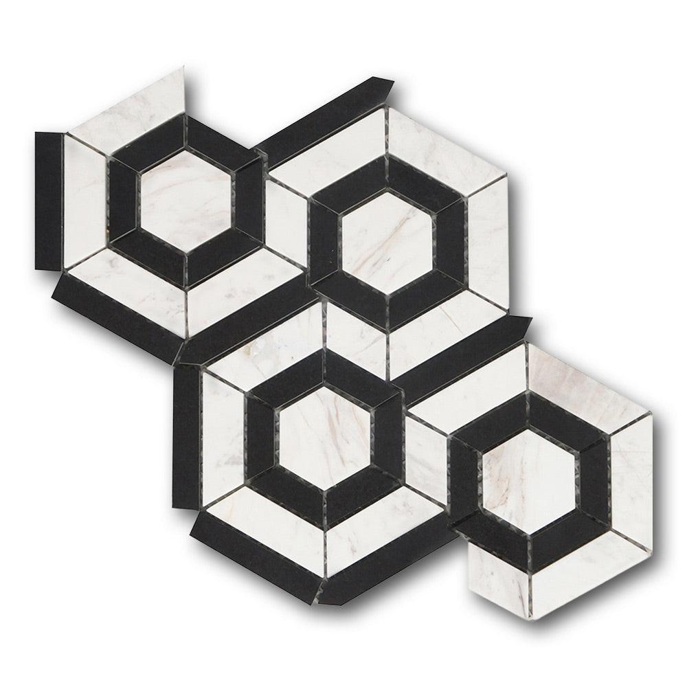 Mineralis Black White Polished Hexagon Stone & Glass Mosaic Tile Mineralis Black White Polished Hexagon Stone & Glass Mosaic Tile - American Tile Depot