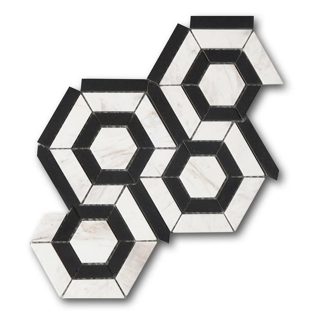 Mineralis Black White Polished Hexagon Stone & Glass Mosaic Tile Mineralis Black White Polished Hexagon Stone & Glass Mosaic Tile - American Tile Depot