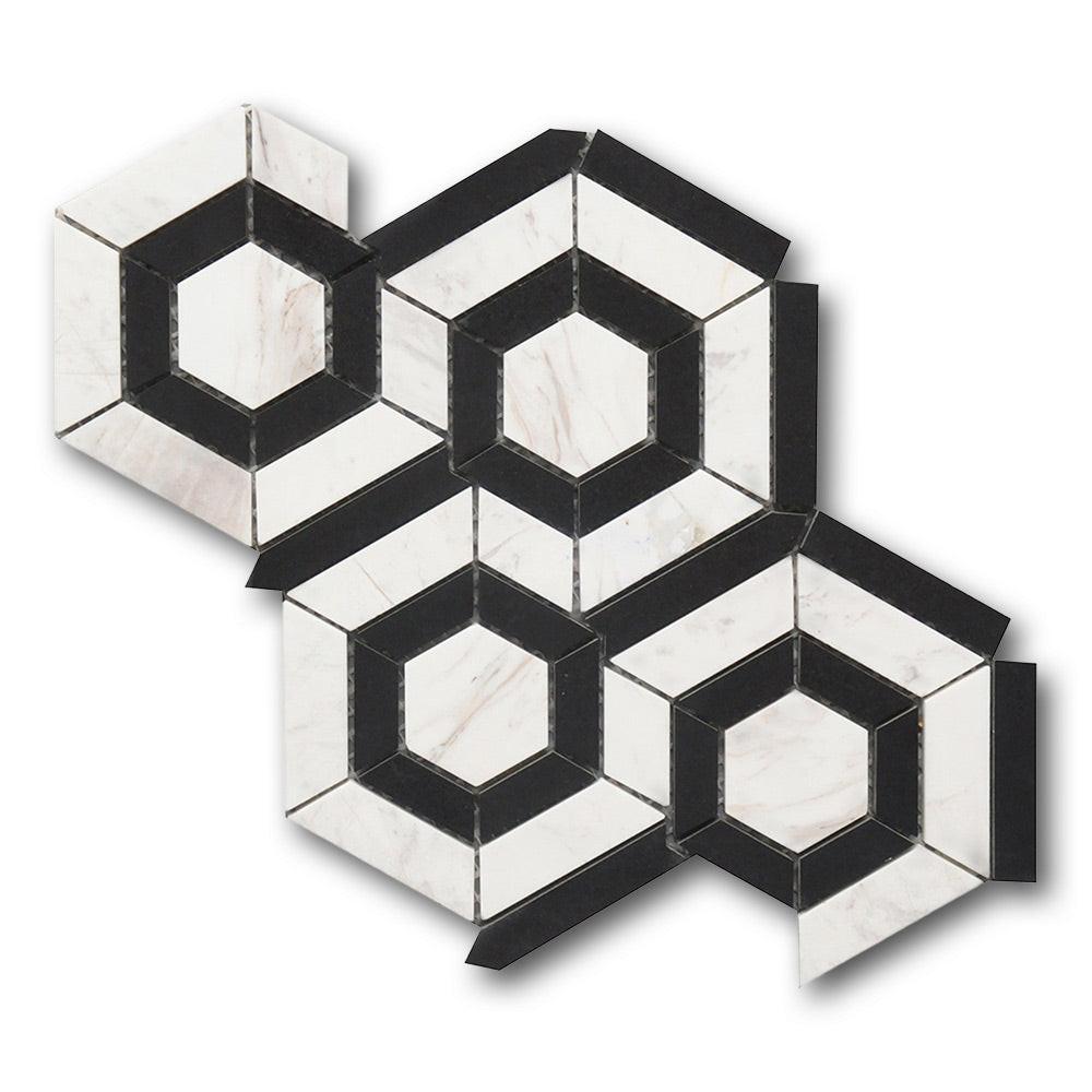 Mineralis Black White Polished Hexagon Stone & Glass Mosaic Tile Mineralis Black White Polished Hexagon Stone & Glass Mosaic Tile - American Tile Depot