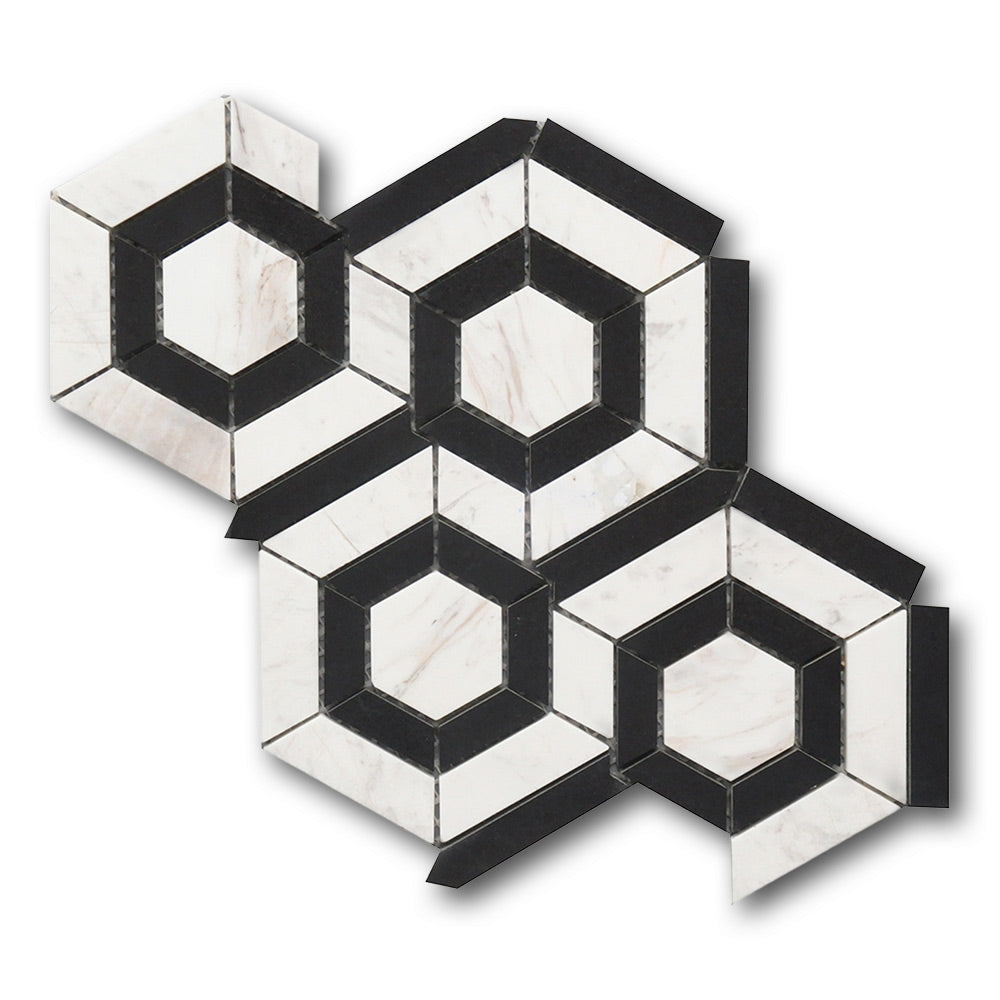 Mineralis Black White Polished Hexagon Stone & Glass Mosaic Tile