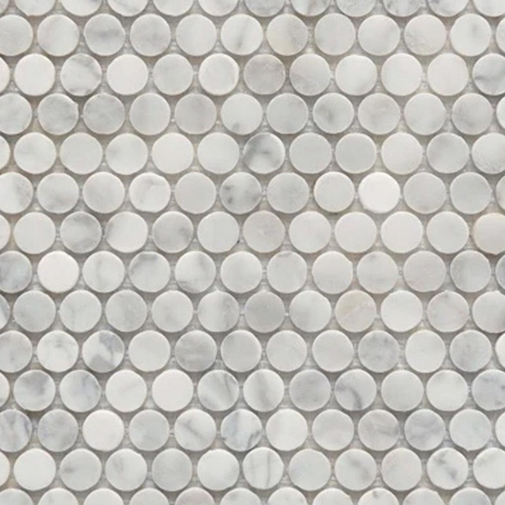 Mineralis Carrara Marble Polished Penny Stone & Glass Mosaic Tile Mineralis Carrara Marble Polished Penny Stone & Glass Mosaic Tile - American Tile Depot