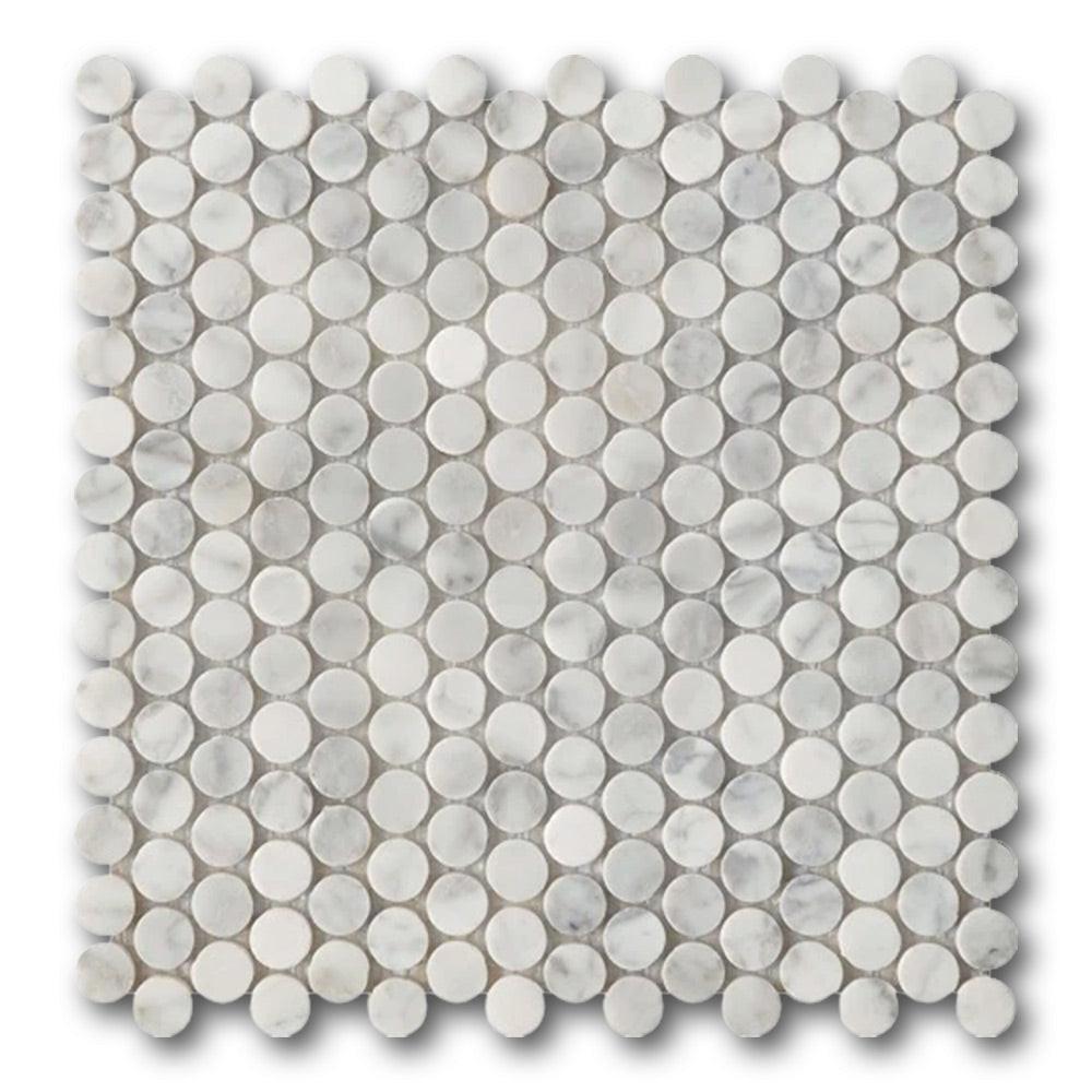 Mineralis Carrara Marble Polished Penny Stone & Glass Mosaic Tile Mineralis Carrara Marble Polished Penny Stone & Glass Mosaic Tile - American Tile Depot