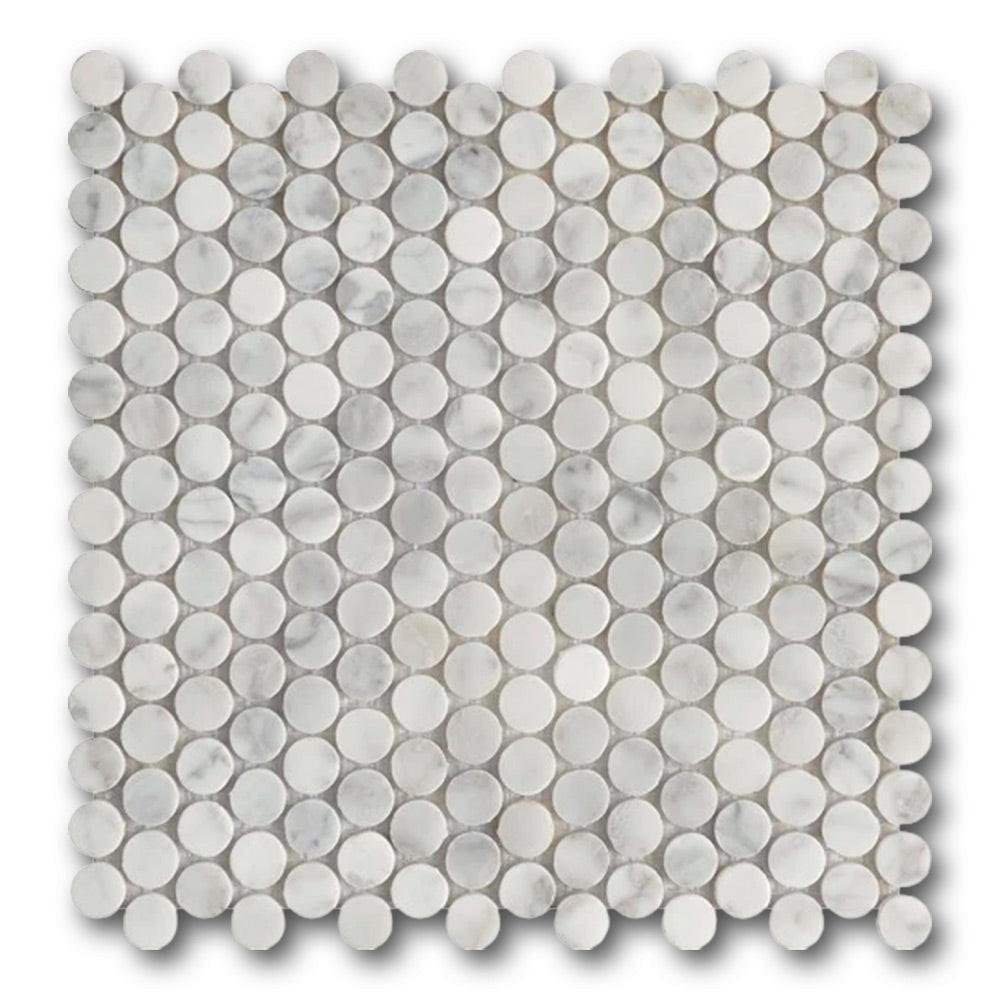 Mineralis Carrara Marble Polished Penny Stone & Glass Mosaic Tile Mineralis Carrara Marble Polished Penny Stone & Glass Mosaic Tile - American Tile Depot