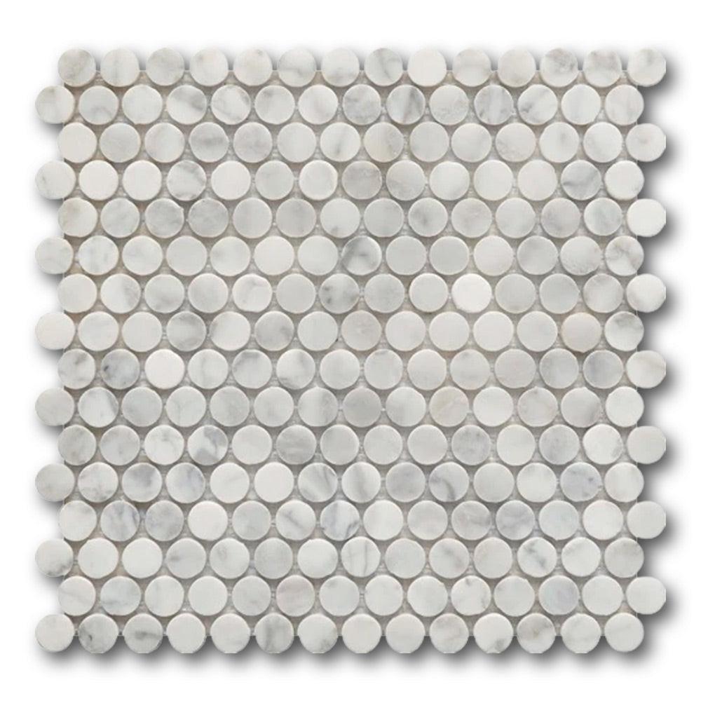 Mineralis Carrara Marble Polished Penny Stone & Glass Mosaic Tile Mineralis Carrara Marble Polished Penny Stone & Glass Mosaic Tile - American Tile Depot