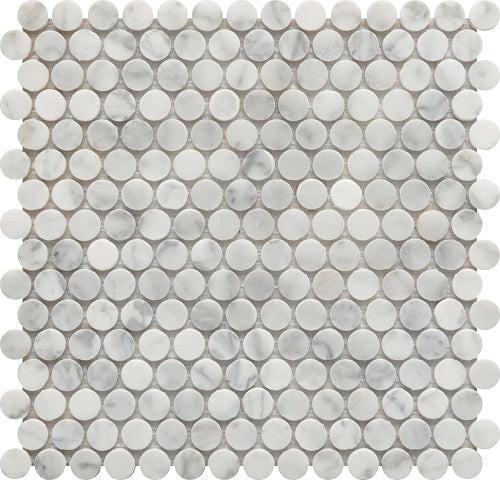 Mineralis Carrara Marble Polished Penny Stone & Glass Mosaic Tile Mineralis Carrara Marble Polished Penny Stone & Glass Mosaic Tile - American Tile Depot