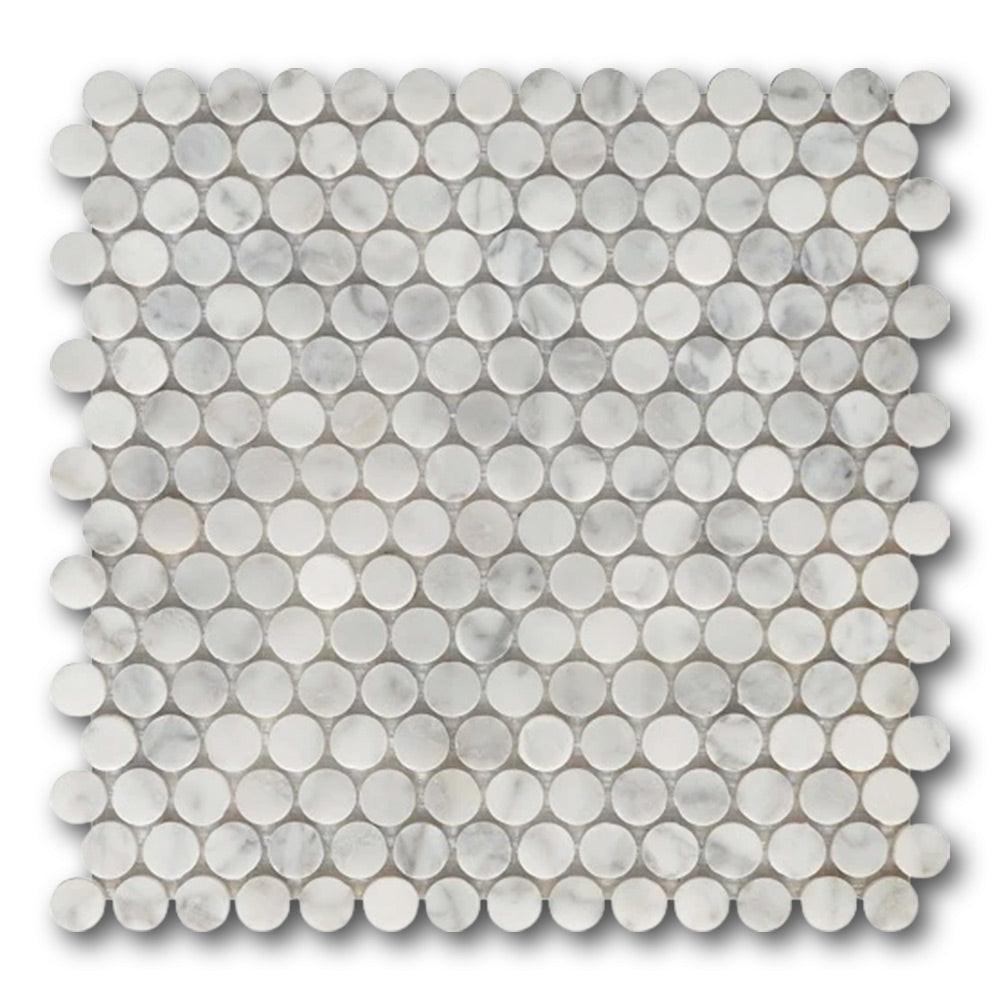 Mineralis Carrara Marble Polished Penny Stone & Glass Mosaic Tile Mineralis Carrara Marble Polished Penny Stone & Glass Mosaic Tile - American Tile Depot