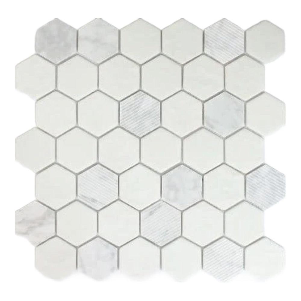Mineralis Carrara Polished & Matte Hexagon Stone & Glass Mosaic Tile Mineralis Carrara Polished & Matte Hexagon Stone & Glass Mosaic Tile - American Tile Depot