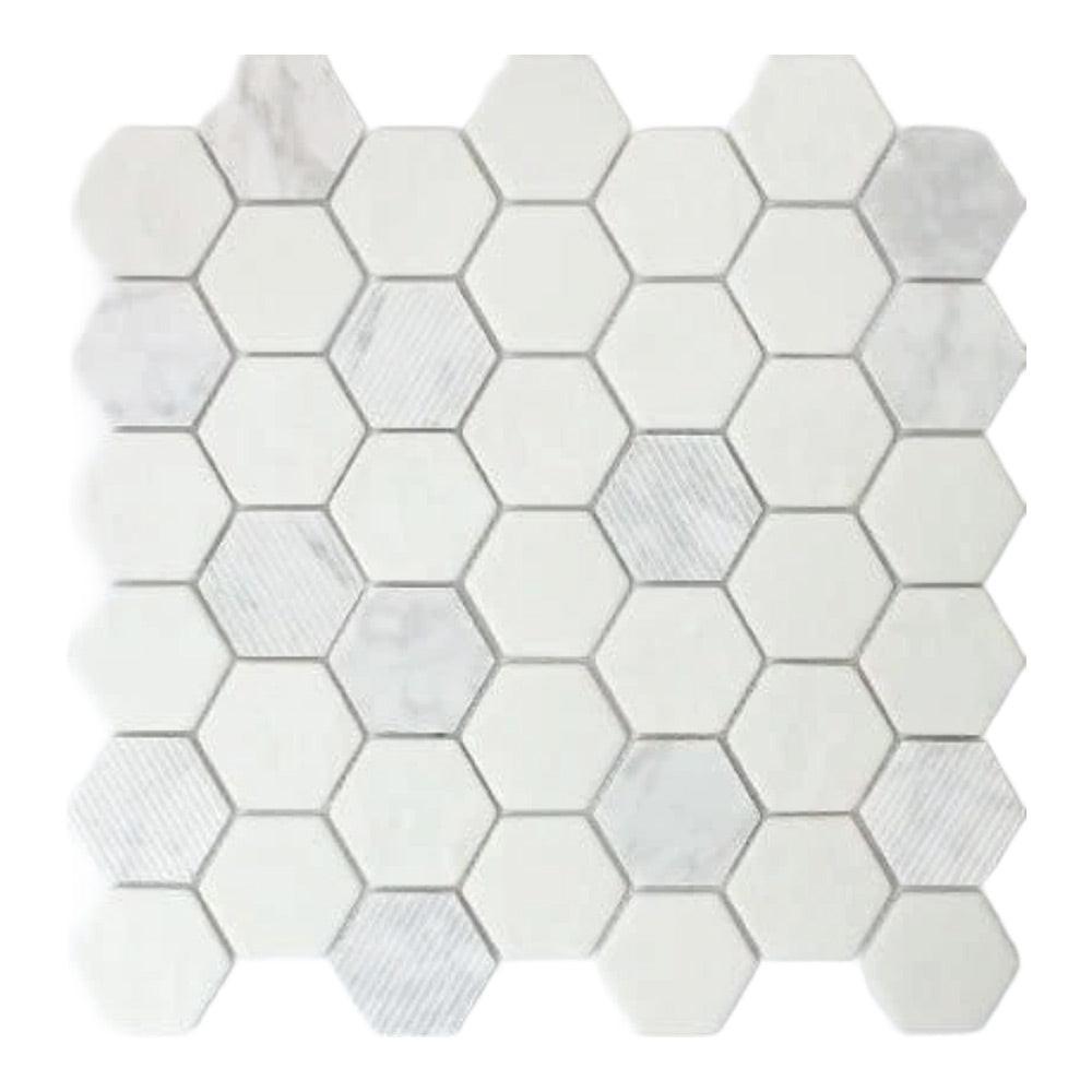 Mineralis Carrara Polished & Matte Hexagon Stone & Glass Mosaic Tile Mineralis Carrara Polished & Matte Hexagon Stone & Glass Mosaic Tile - American Tile Depot