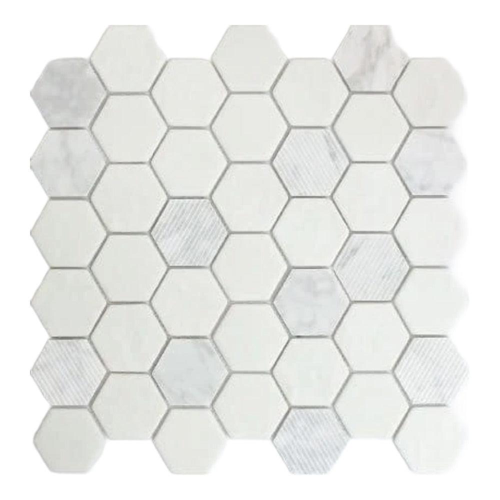 Mineralis Carrara Polished & Matte Hexagon Stone & Glass Mosaic Tile Mineralis Carrara Polished & Matte Hexagon Stone & Glass Mosaic Tile - American Tile Depot