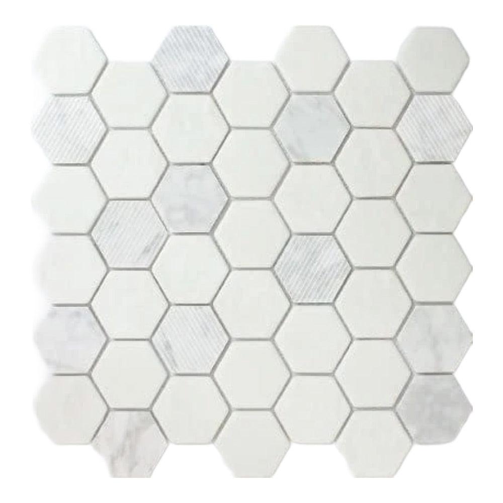 Mineralis Carrara Polished & Matte Hexagon Stone & Glass Mosaic Tile Mineralis Carrara Polished & Matte Hexagon Stone & Glass Mosaic Tile - American Tile Depot