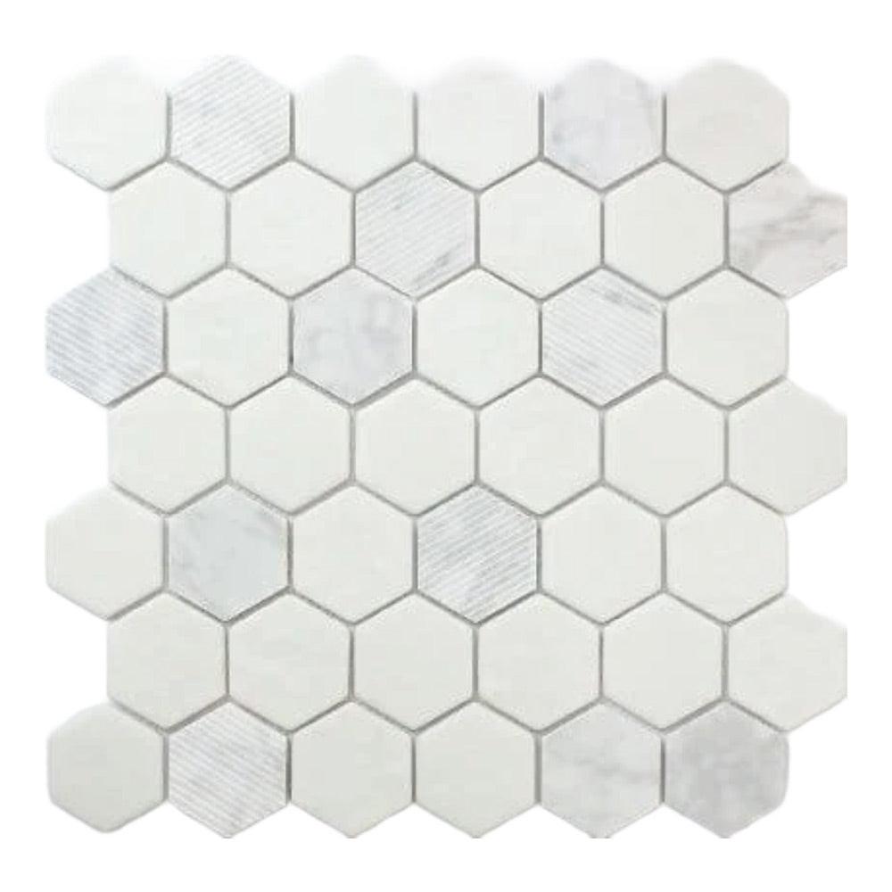 Mineralis Carrara Polished & Matte Hexagon Stone & Glass Mosaic Tile Mineralis Carrara Polished & Matte Hexagon Stone & Glass Mosaic Tile - American Tile Depot