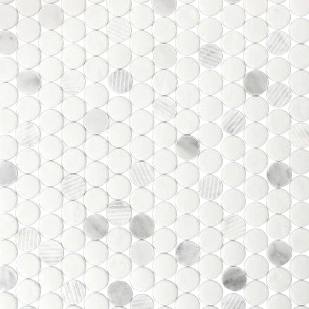 Mineralis Carrara Polished & Matte Penny Stone & Glass Mosaic Tile Mineralis Carrara Polished & Matte Penny Stone & Glass Mosaic Tile - American Tile Depot