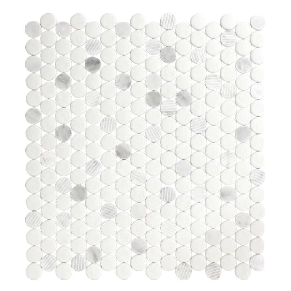 Mineralis Carrara Polished & Matte Penny Stone & Glass Mosaic Tile Mineralis Carrara Polished & Matte Penny Stone & Glass Mosaic Tile - American Tile Depot