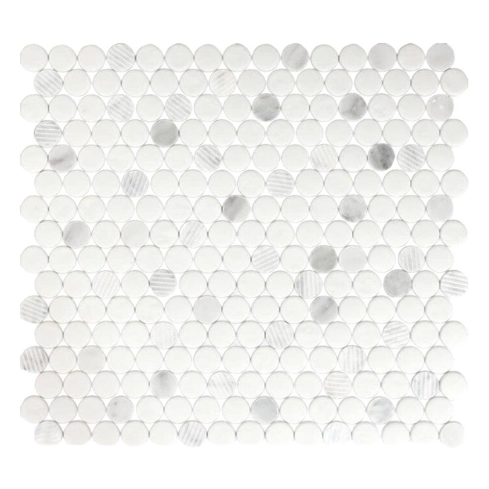 Mineralis Carrara Polished & Matte Penny Stone & Glass Mosaic Tile Mineralis Carrara Polished & Matte Penny Stone & Glass Mosaic Tile - American Tile Depot