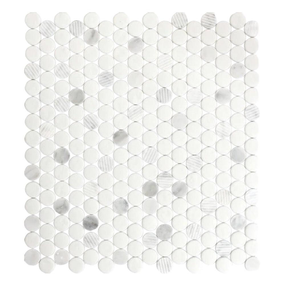 Mineralis Carrara Polished & Matte Penny Stone & Glass Mosaic Tile Mineralis Carrara Polished & Matte Penny Stone & Glass Mosaic Tile - American Tile Depot