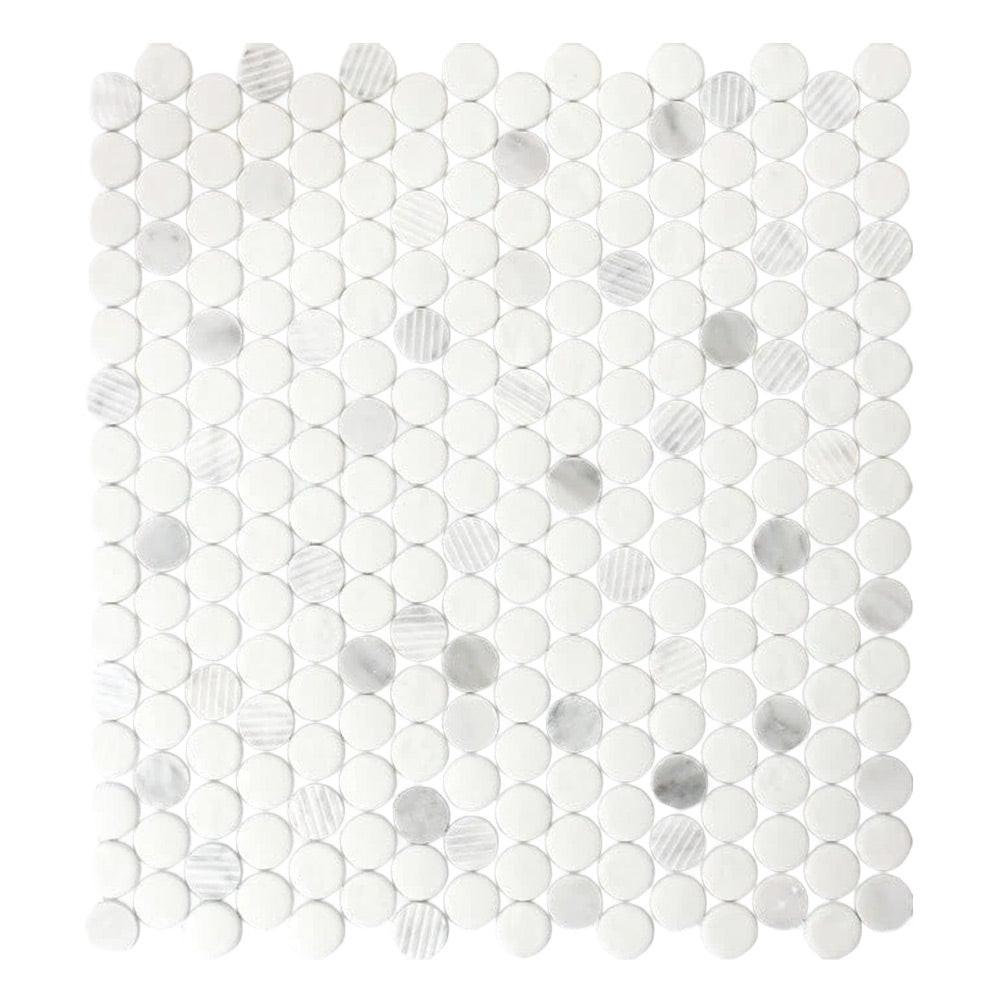 Mineralis Carrara Polished & Matte Penny Stone & Glass Mosaic Tile Mineralis Carrara Polished & Matte Penny Stone & Glass Mosaic Tile - American Tile Depot