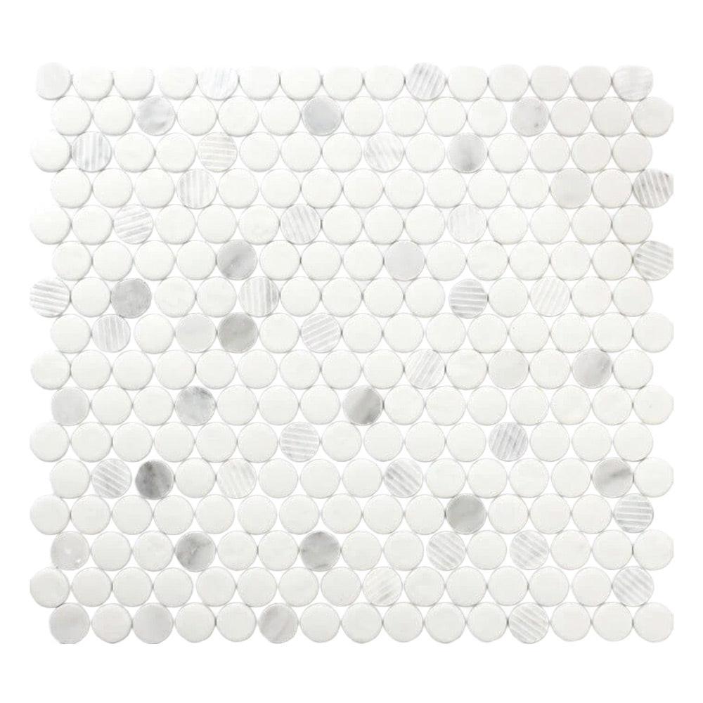 Mineralis Carrara Polished & Matte Penny Stone & Glass Mosaic Tile Mineralis Carrara Polished & Matte Penny Stone & Glass Mosaic Tile - American Tile Depot