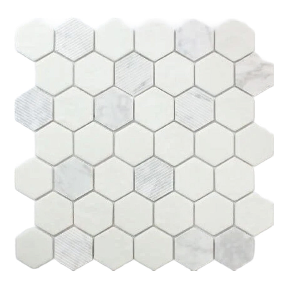 Mineralis Carrara Polished & Matte Hexagon Stone & Glass Mosaic Tile