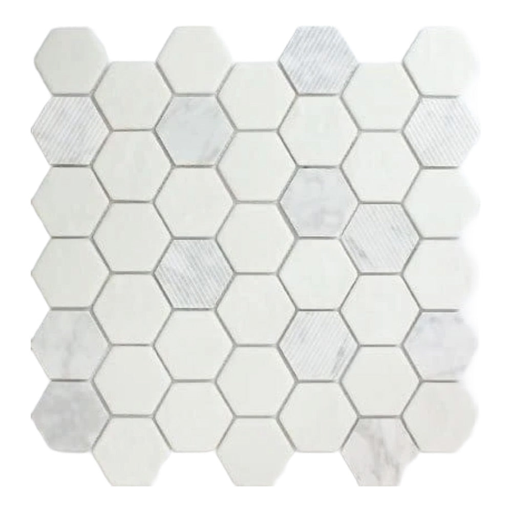 Mineralis Carrara Polished & Matte Hexagon Stone & Glass Mosaic Tile