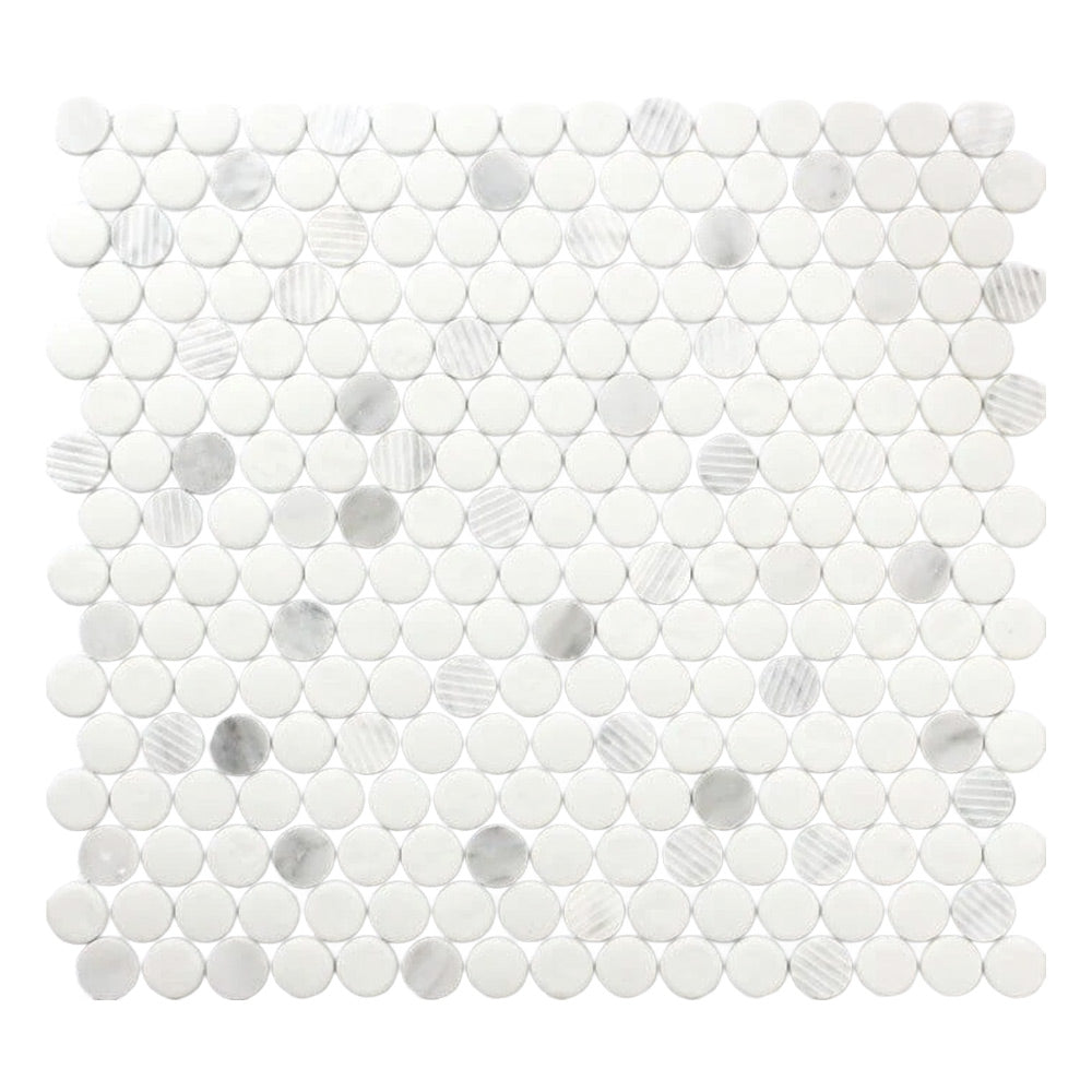 Mineralis Carrara Polished & Matte Penny Stone & Glass Mosaic Tile
