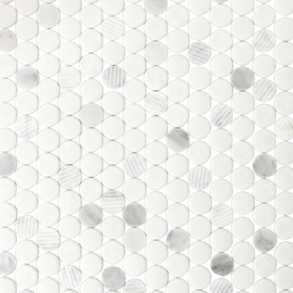 Mineralis Carrara Polished & Matte Penny Stone & Glass Mosaic Tile