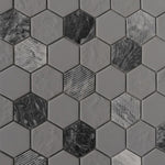 Mineralis Gray Granite Polished & Matte Hexagon Stone & Glass Mosaic Tile Mineralis Gray Granite Polished & Matte Hexagon Stone & Glass Mosaic Tile - American Tile Depot