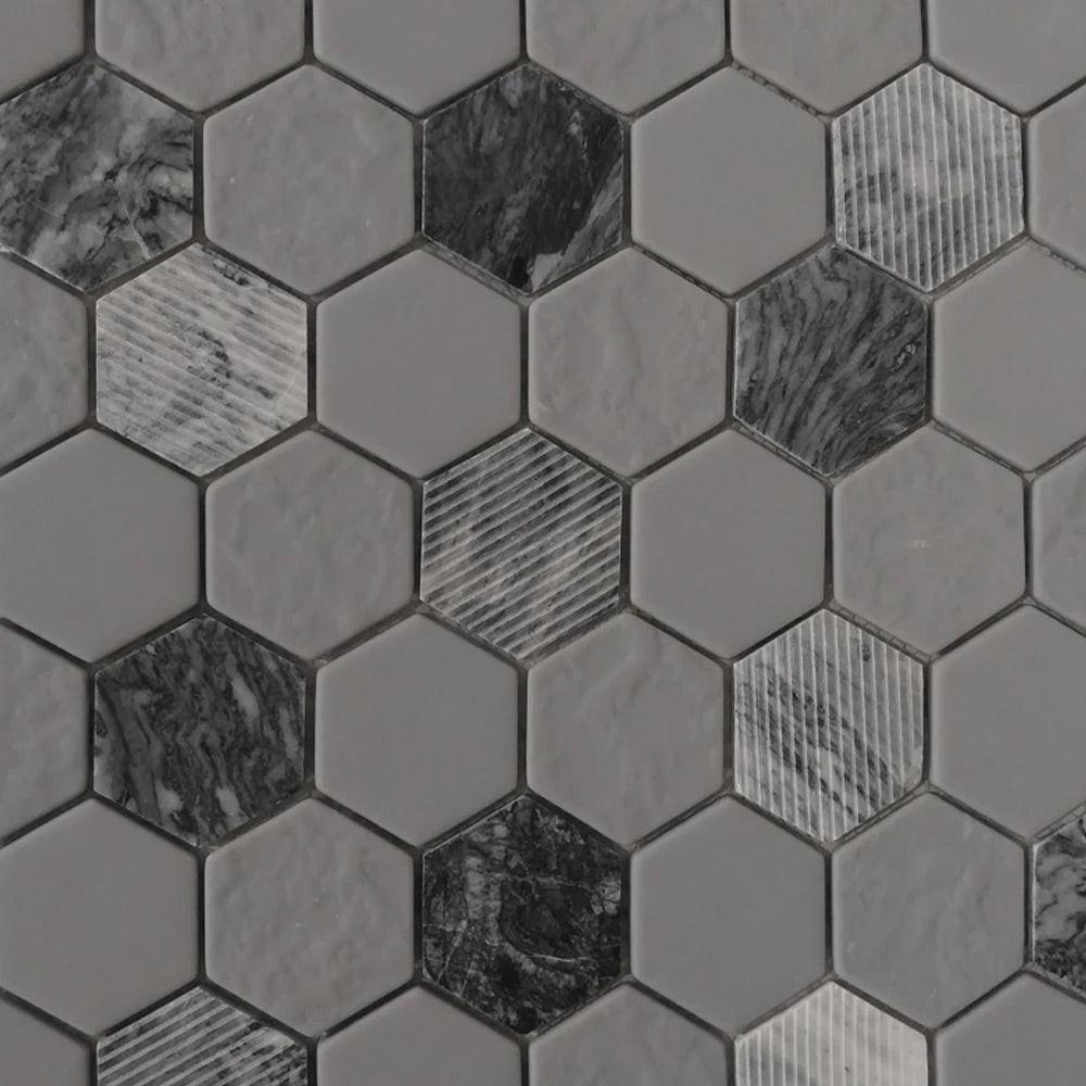 Mineralis Gray Granite Polished & Matte Hexagon Stone & Glass Mosaic Tile Mineralis Gray Granite Polished & Matte Hexagon Stone & Glass Mosaic Tile - American Tile Depot