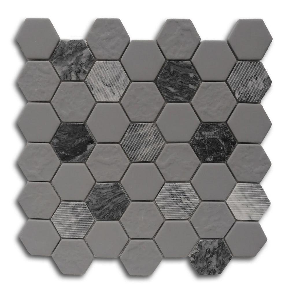 Mineralis Gray Granite Polished & Matte Hexagon Stone & Glass Mosaic Tile Mineralis Gray Granite Polished & Matte Hexagon Stone & Glass Mosaic Tile - American Tile Depot