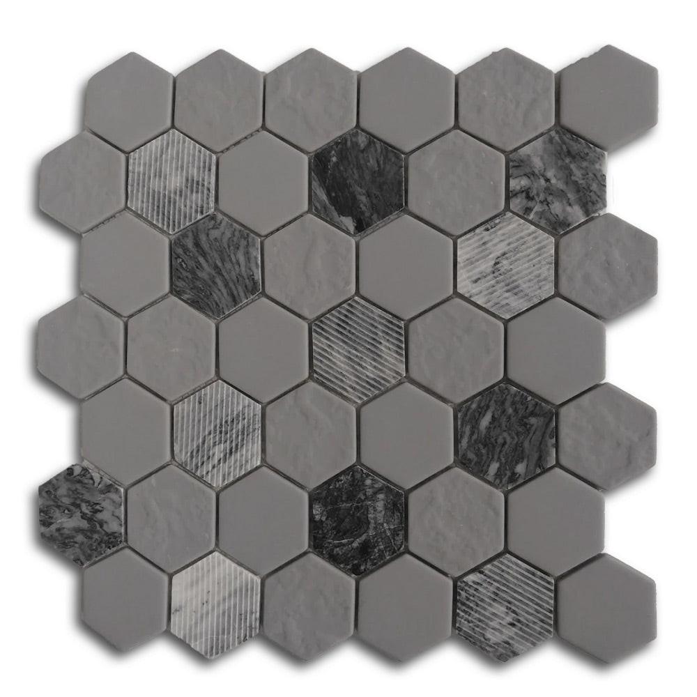 Mineralis Gray Granite Polished & Matte Hexagon Stone & Glass Mosaic Tile Mineralis Gray Granite Polished & Matte Hexagon Stone & Glass Mosaic Tile - American Tile Depot