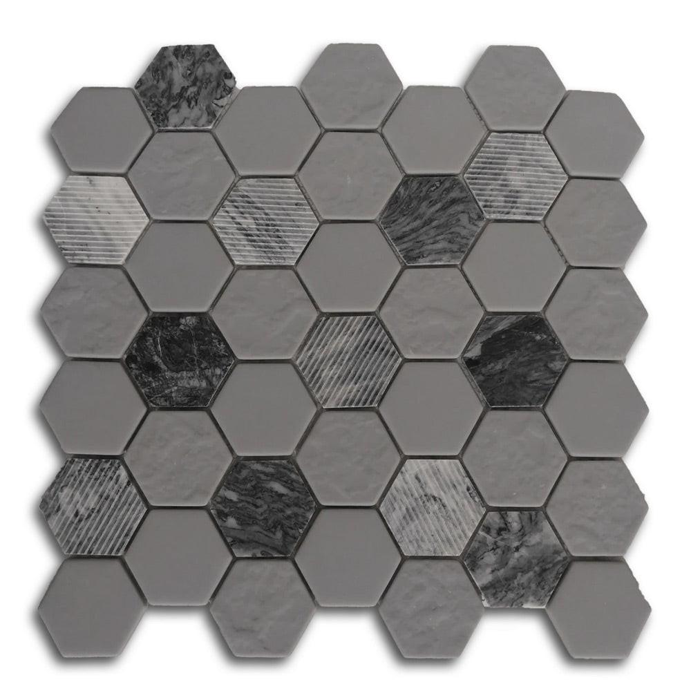 Mineralis Gray Granite Polished & Matte Hexagon Stone & Glass Mosaic Tile Mineralis Gray Granite Polished & Matte Hexagon Stone & Glass Mosaic Tile - American Tile Depot