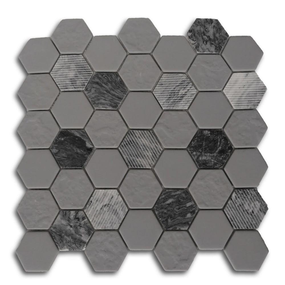 Mineralis Gray Granite Polished & Matte Hexagon Stone & Glass Mosaic Tile Mineralis Gray Granite Polished & Matte Hexagon Stone & Glass Mosaic Tile - American Tile Depot