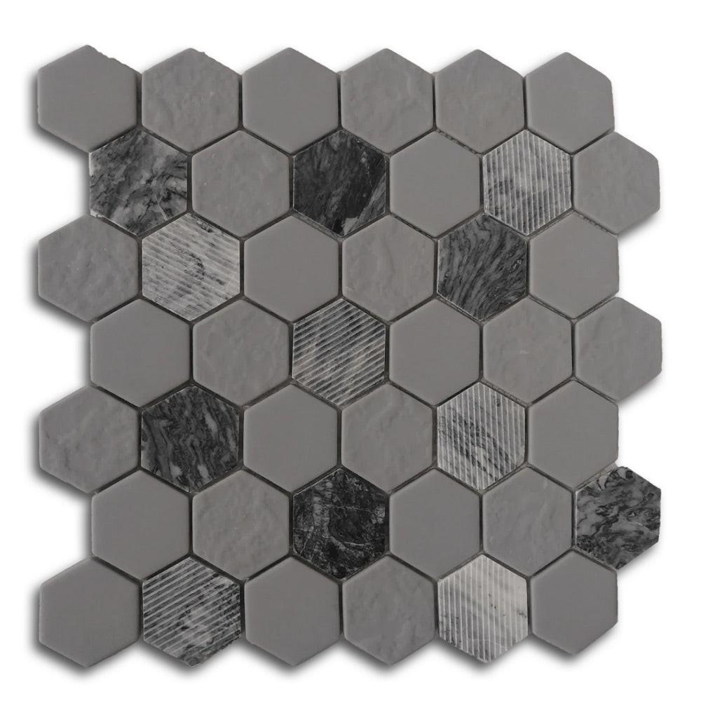 Mineralis Gray Granite Polished & Matte Hexagon Stone & Glass Mosaic Tile Mineralis Gray Granite Polished & Matte Hexagon Stone & Glass Mosaic Tile - American Tile Depot