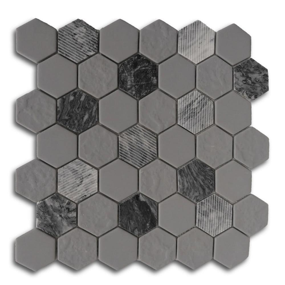 Mineralis Gray Granite Polished & Matte Hexagon Stone & Glass Mosaic Tile Mineralis Gray Granite Polished & Matte Hexagon Stone & Glass Mosaic Tile - American Tile Depot