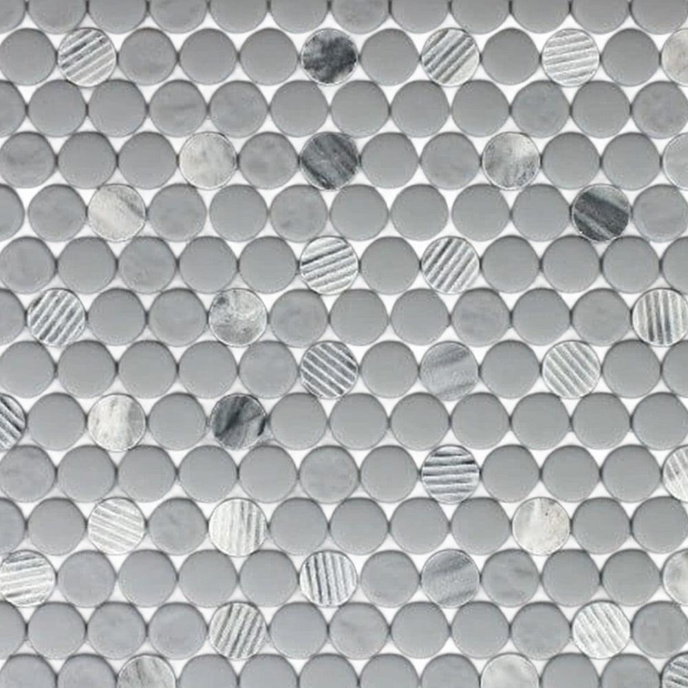 Mineralis Gray Granite Polished & Matte Penny Stone & Glass Mosaic Tile Mineralis Gray Granite Polished & Matte Penny Stone & Glass Mosaic Tile - American Tile Depot