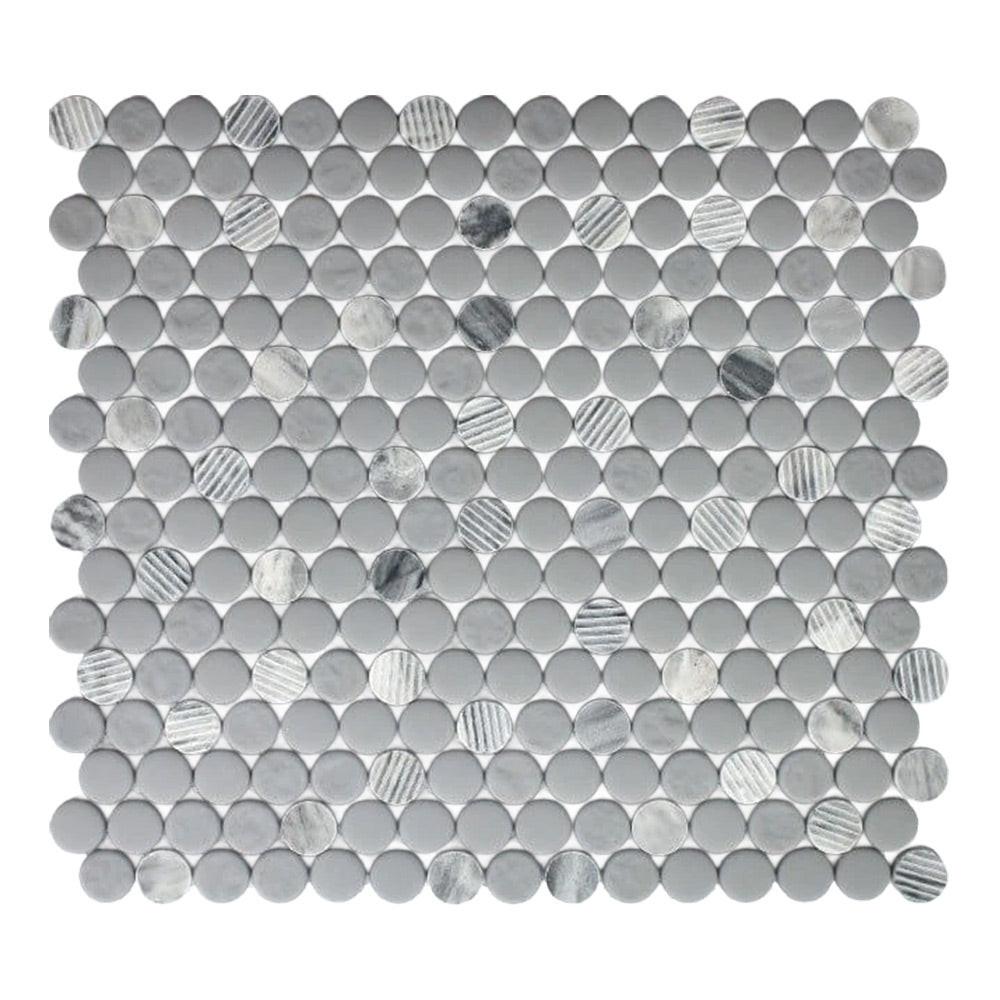 Mineralis Gray Granite Polished & Matte Penny Stone & Glass Mosaic Tile Mineralis Gray Granite Polished & Matte Penny Stone & Glass Mosaic Tile - American Tile Depot
