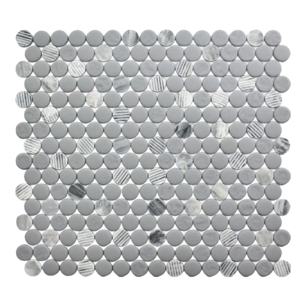 Mineralis Gray Granite Polished & Matte Penny Stone & Glass Mosaic Tile Mineralis Gray Granite Polished & Matte Penny Stone & Glass Mosaic Tile - American Tile Depot
