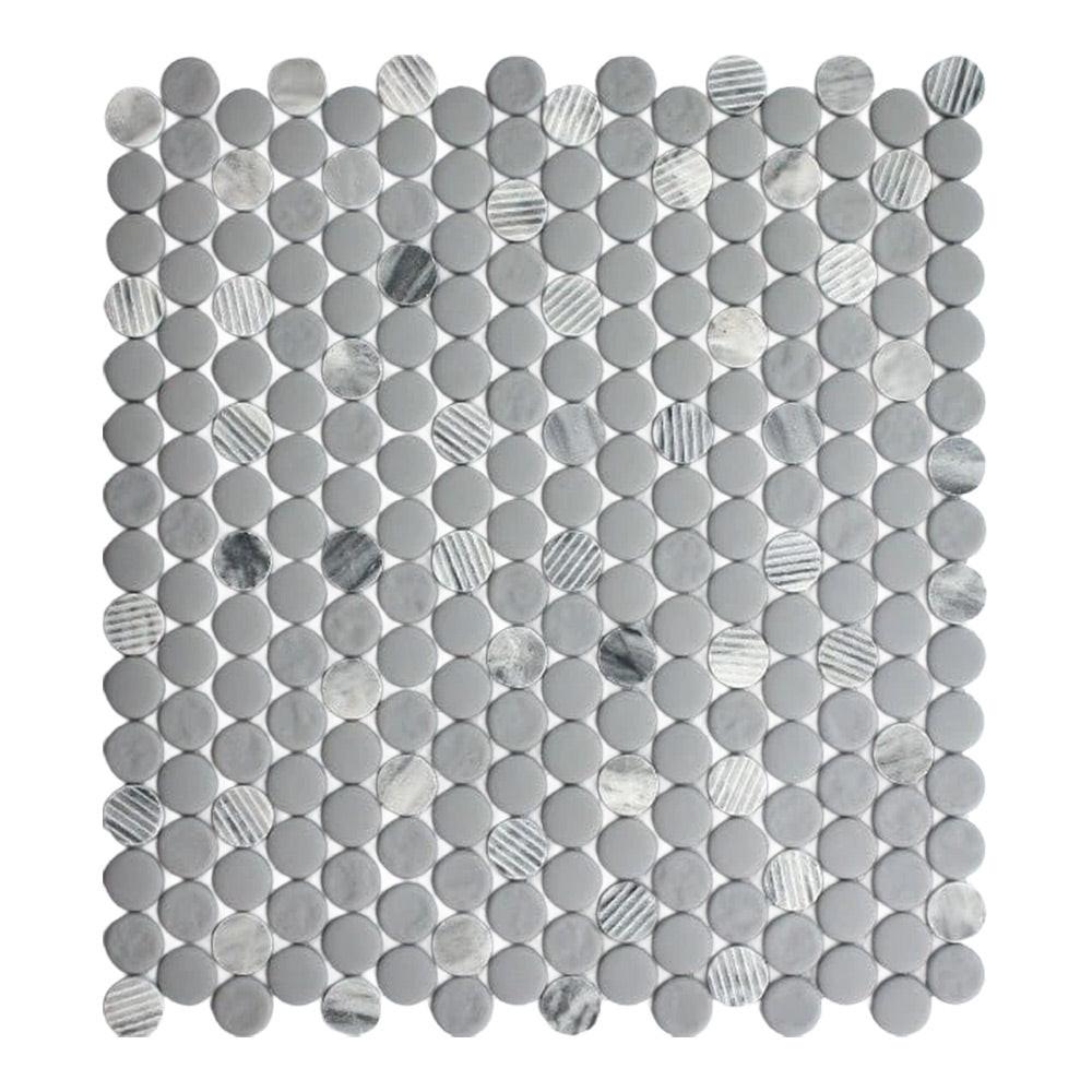 Mineralis Gray Granite Polished & Matte Penny Stone & Glass Mosaic Tile Mineralis Gray Granite Polished & Matte Penny Stone & Glass Mosaic Tile - American Tile Depot