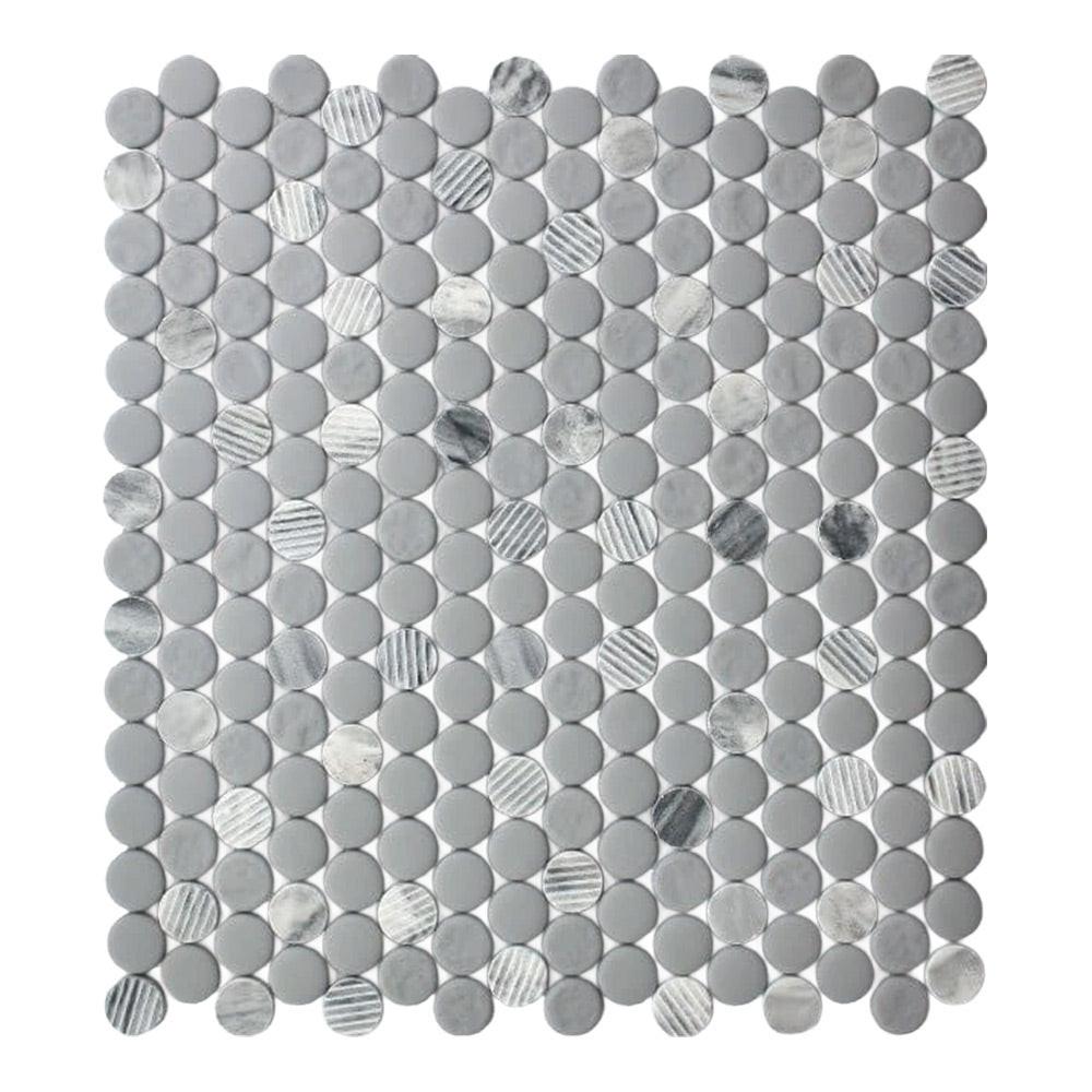 Mineralis Gray Granite Polished & Matte Penny Stone & Glass Mosaic Tile Mineralis Gray Granite Polished & Matte Penny Stone & Glass Mosaic Tile - American Tile Depot