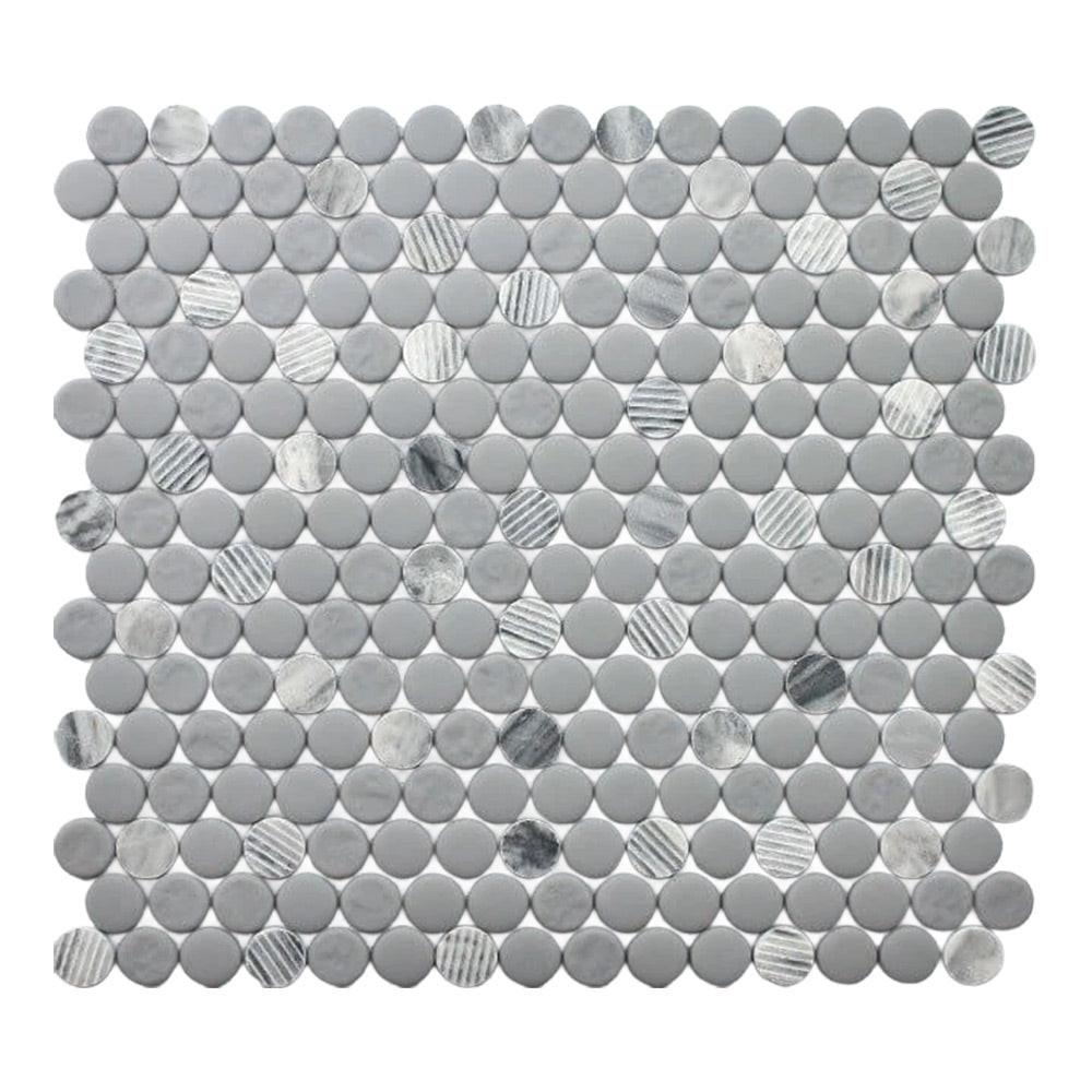 Mineralis Gray Granite Polished & Matte Penny Stone & Glass Mosaic Tile Mineralis Gray Granite Polished & Matte Penny Stone & Glass Mosaic Tile - American Tile Depot