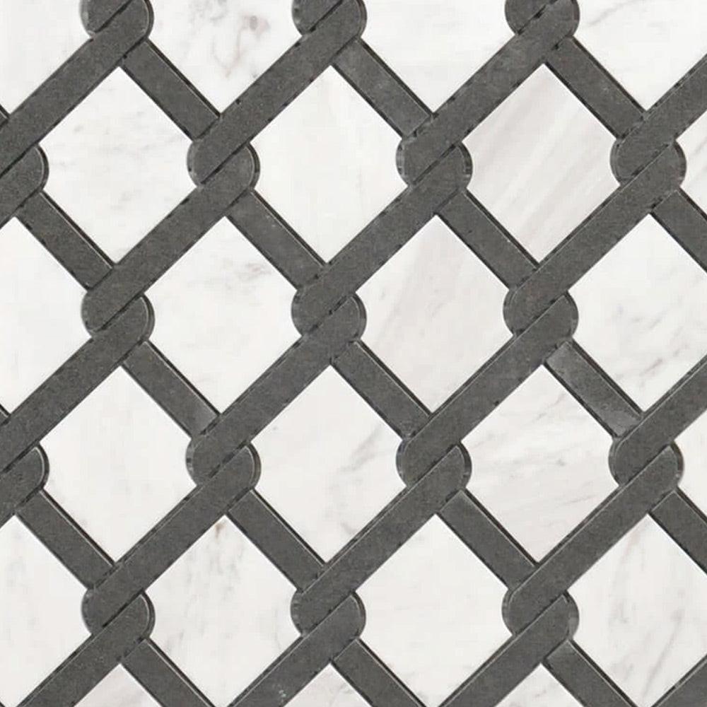 Mineralis Medallion Black & White Polished Fence Stone & Glass Mosaic Tile Mineralis Medallion Black & White Polished Fence Stone & Glass Mosaic Tile - American Tile Depot